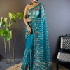 Women's Net Blue Embellished Designer Saree With Blouse Piece