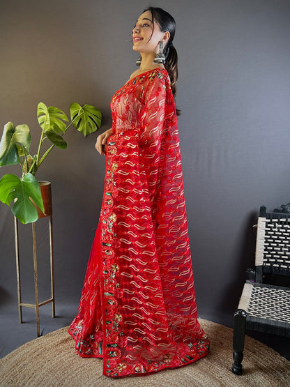 Women's Net Red Embellished Designer Saree With Blouse Piece