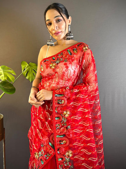 Women's Net Red Embellished Designer Saree With Blouse Piece