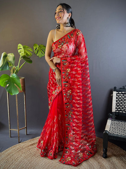 Women's Net Red Embellished Designer Saree With Blouse Piece