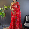 Women's Net Red Embellished Designer Saree With Blouse Piece