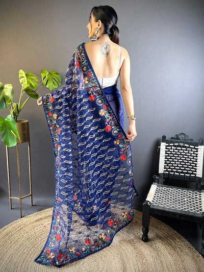 Women's Net Navy Blue Embellished Designer Saree With Blouse Piece
