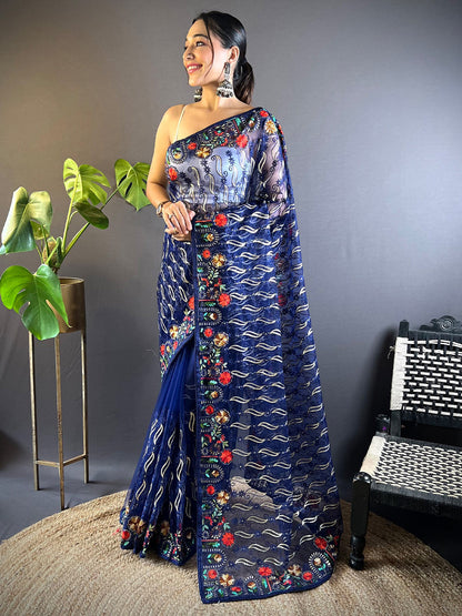Women's Net Navy Blue Embellished Designer Saree With Blouse Piece