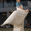 Dhiyona GR Women's Adah Aquamarine Teal Blue Mul Cotton Chanderi Jamdani Saree With Contrast Blouse