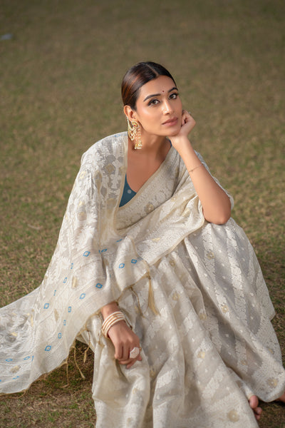 Indyancart GR Women's Adah Aquamarine Teal Blue Mul Cotton Chanderi Jamdani Saree With Contrast Blouse