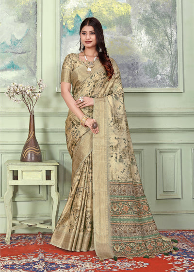Indyancart GR Women's Adina Ginger Beige Tussar Silk Digital Print Saree