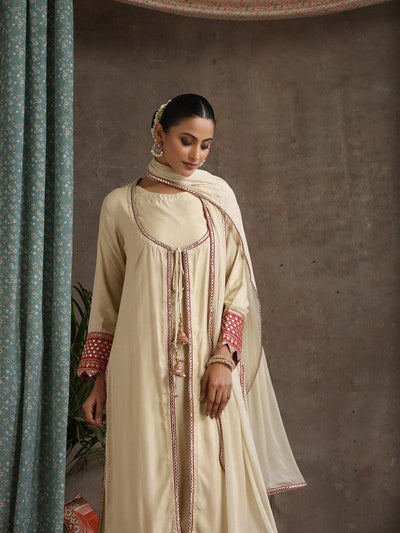 Women's Geometric Embroidered Mirror Work A-Line Kurta With Sharara & Dupatta
