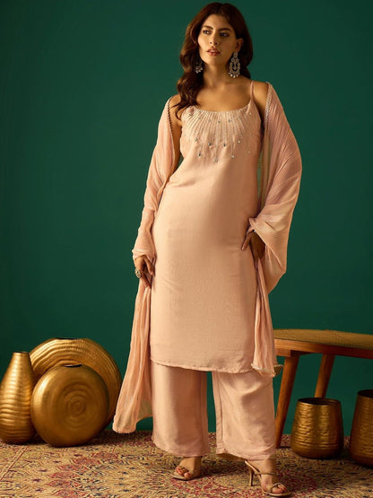 Indyancart VA Women Embroidered Regular Beads and Stones Kurta with Palazzos & Dupatta