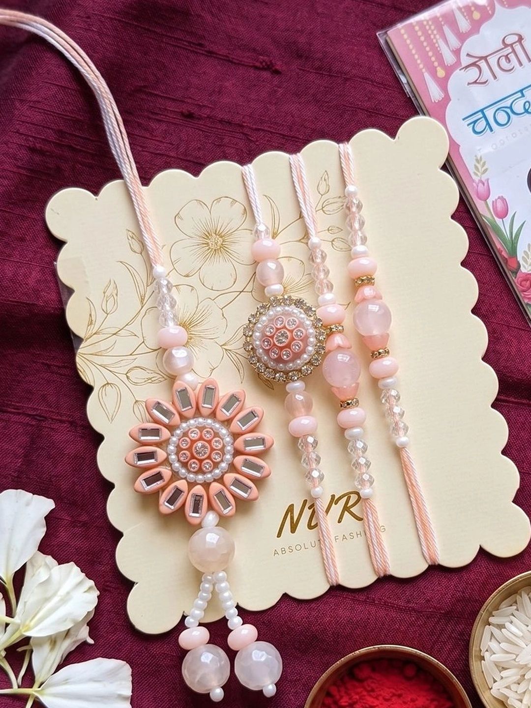 Anouk Set Of 4 Beaded Family Pack Thread Rakhi With Roli Chawal Chandan Mishri