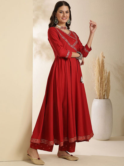 Indyancart SN Women's Embroidered V-Neck Anarkali Kurta With Trouser & Dupatta