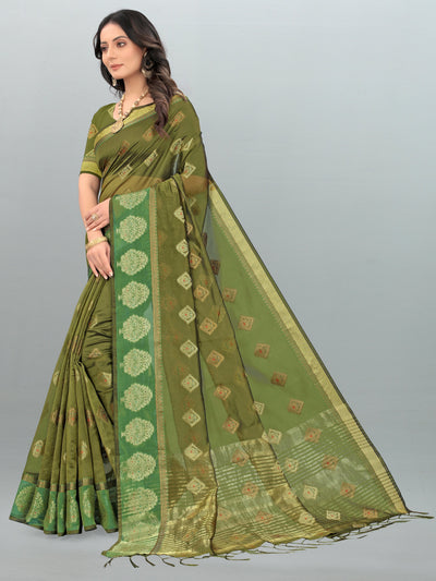 Indyancart GR Women's Aksaya Pickle Green Organza Saree