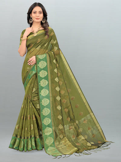 Indyancart GR Women's Aksaya Pickle Green Organza Saree
