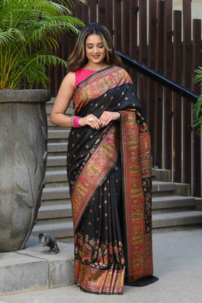 Indyancart GR Women's Alankar Intense Black Jamewar Kashmiri Soft Modal Silk Saree