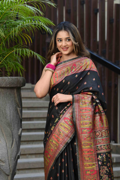 Indyancart GR Women's Alankar Intense Black Jamewar Kashmiri Soft Modal Silk Saree