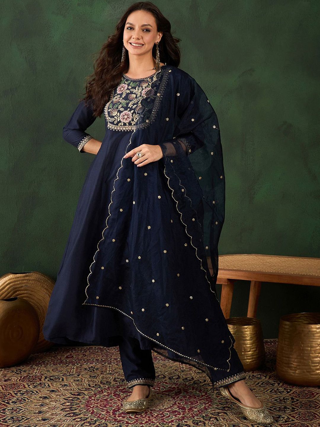 Indyancart SN Women's Navy Blue Floral Yoke Design Sequinned A-Line Kurta With Trouser & Dupatta