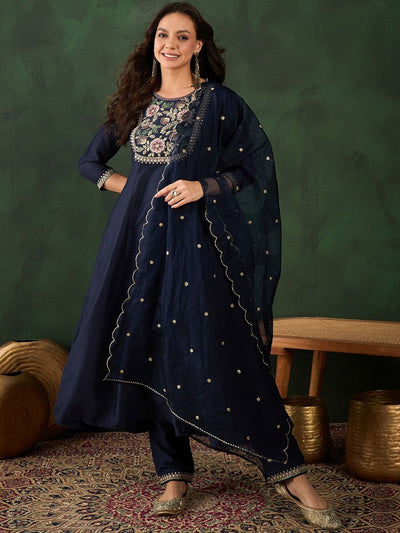 Indyancart SN Women's Navy Blue Floral Yoke Design Sequinned A-Line Kurta With Trouser & Dupatta