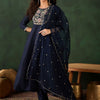 Indyancart SN Women's Navy Blue Floral Yoke Design Sequinned A-Line Kurta With Trouser & Dupatta