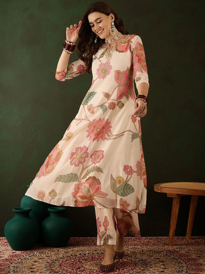 Indyancart SN Women's Floral Embroidered Mirror Work Kurta with Palazzos