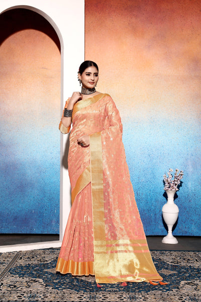 Indyancart GR Women's Amani Peach Tissue Cotton Silk Embroidered Saree