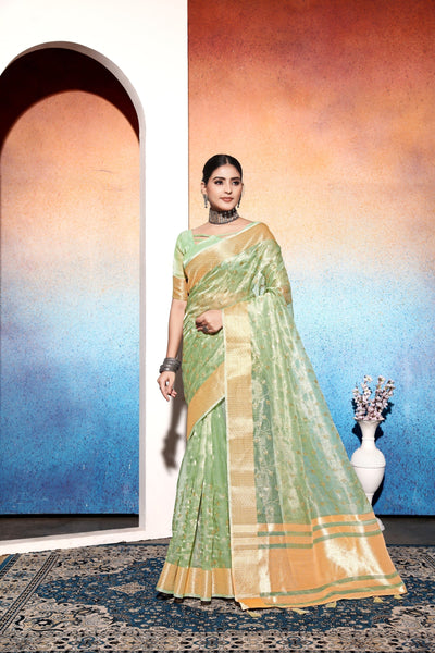 Indyancart GR Women's Amani Green Tissue Cotton Silk Embroidered Saree