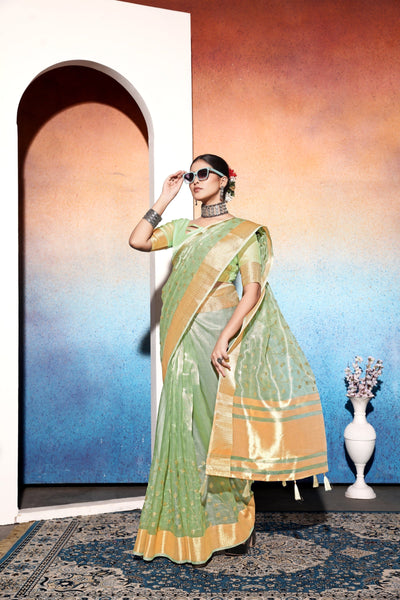 Indyancart GR Women's Amani Green Tissue Cotton Silk Embroidered Saree