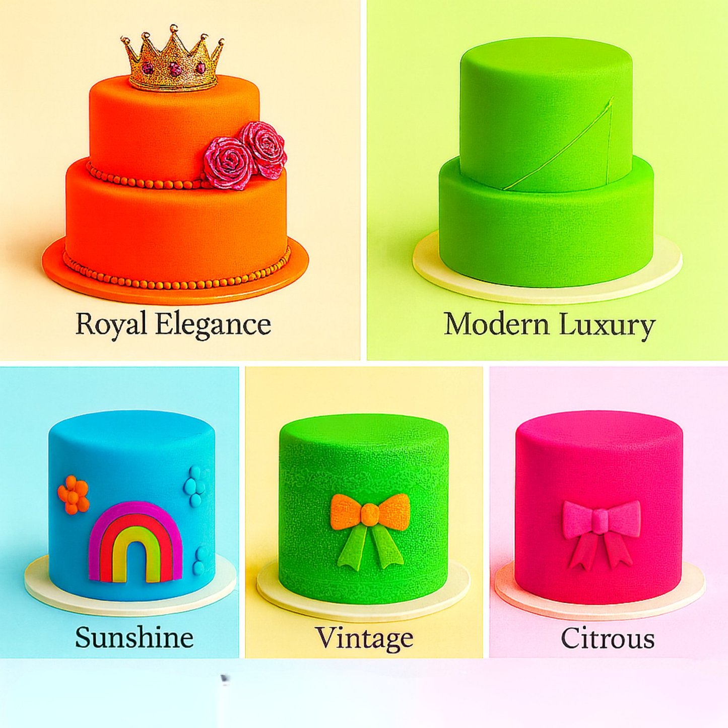 Confect Multipack of Fluorescent Orange, Lime green, electric blue and Neon Pink Sugarpaste 08