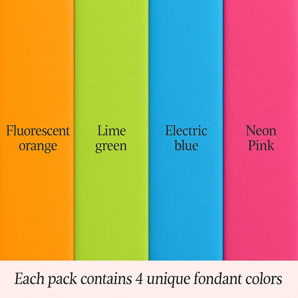 Confect Multipack of Fluorescent Orange, Lime green, electric blue and Neon Pink Sugarpaste 08