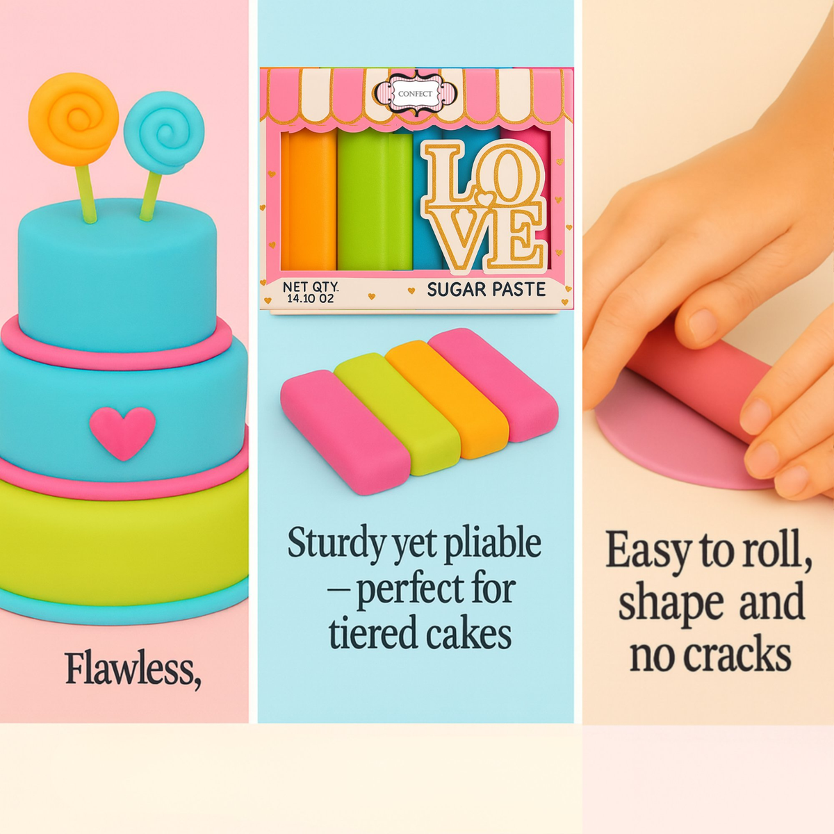 Confect Multipack of Fluorescent Orange, Lime green, electric blue and Neon Pink Sugarpaste 08