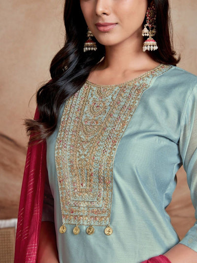 Indyancart SN Women's Floral Embroidered Sequinned Chanderi Silk Straight Kurta & Palazzo With Dupatta