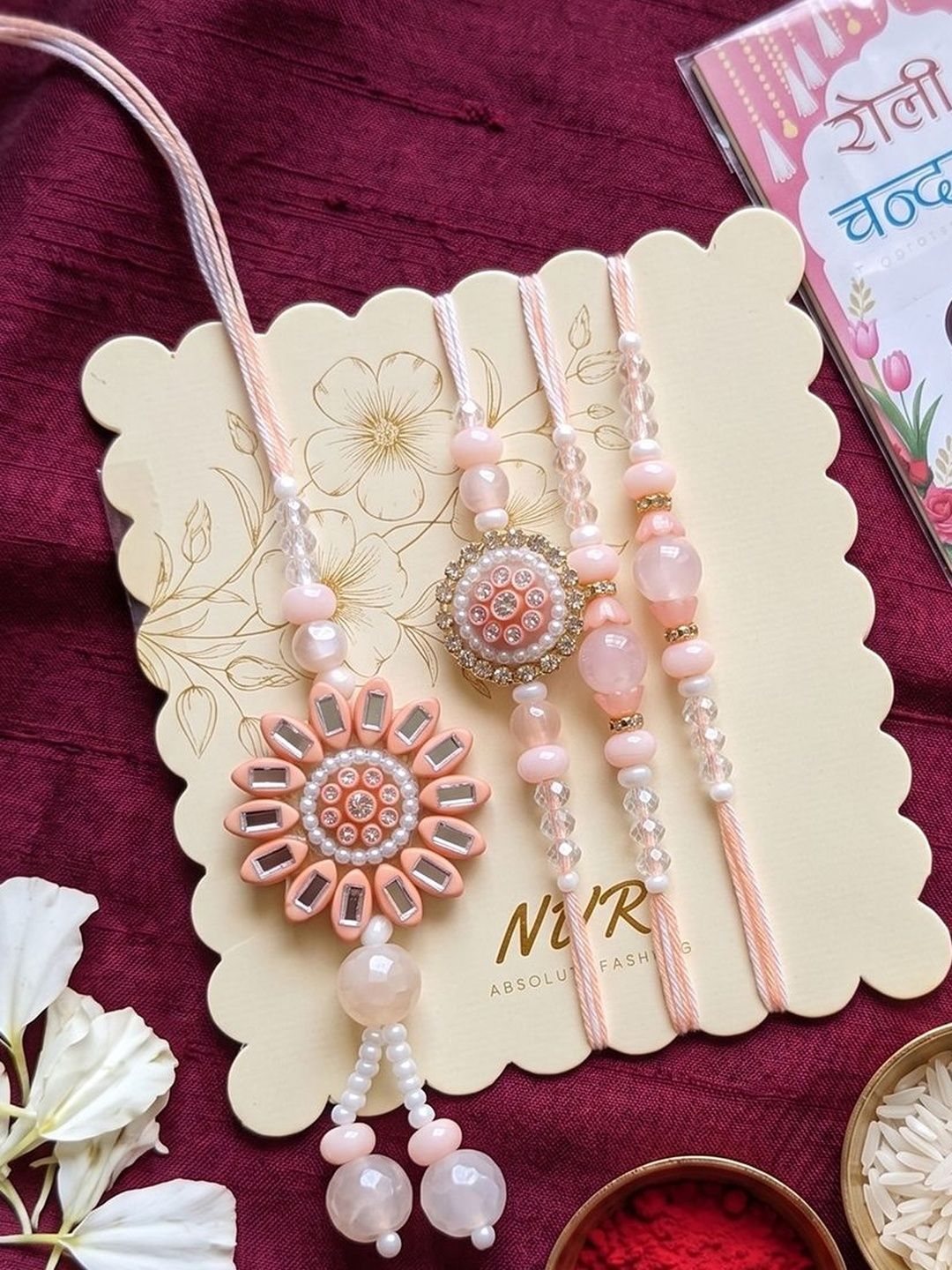 Anouk Set Of 4 Beaded Family Pack Thread Rakhi With Roli Chawal Chandan Mishri