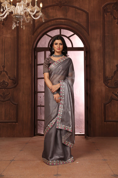 Indyancart GR Women's Sundri Grey Jimmi Choo Embroidered Saree