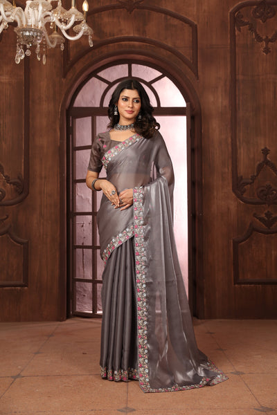 Indyancart GR Women's Sundri Grey Jimmi Choo Embroidered Saree