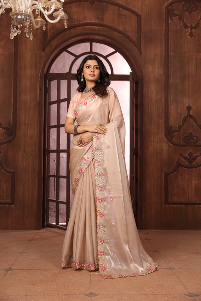 Indyancart GR Women's Sundri Beige Jimmi Choo Embroidered Saree