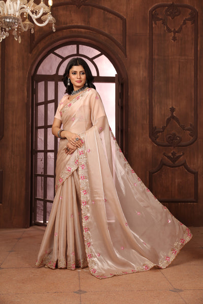 Indyancart GR Women's Sundri Beige Jimmi Choo Embroidered Saree