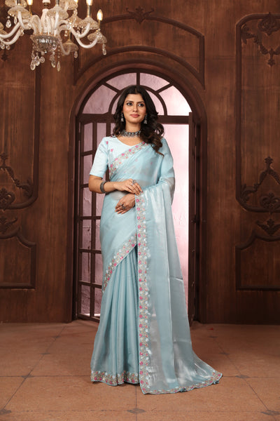 Indyancart GR Women's Sundri Sky Blue Jimmi Choo Embroidered Saree