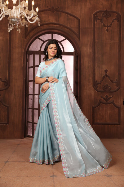 Indyancart GR Women's Sundri Sky Blue Jimmi Choo Embroidered Saree
