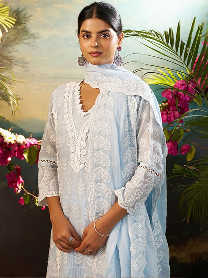 Women Ethnic Motifs Embroidered Regular Chikankari Pure Cotton Kurta with Trousers & With Dupatta