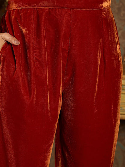 Indyancart IE Ethnic Motifs Embroidered Thread Work Velvet Kurta with Trouser & Dupatta