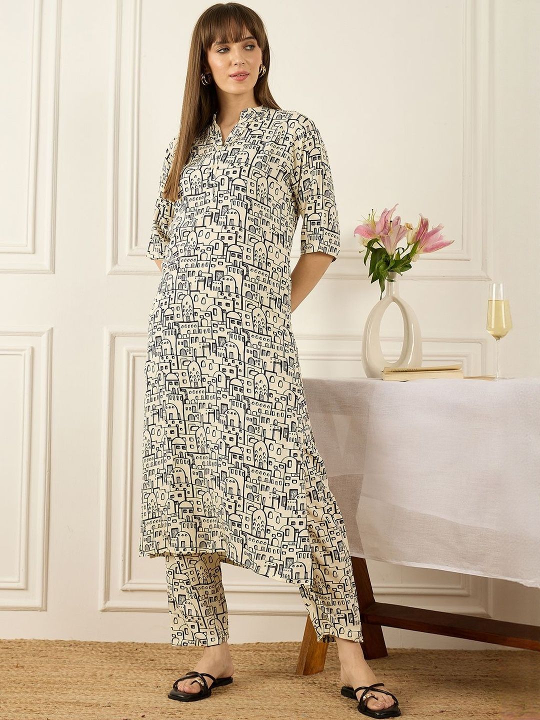 Floral Printed Thread Work Pure Cotton Kurta With Palazzos