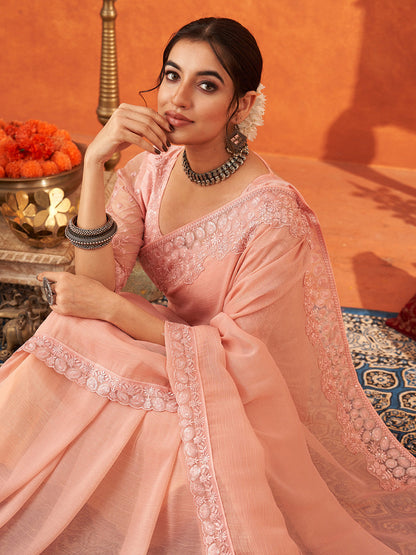 Women's Chiffon Peach Embellished Designer Saree With Blouse Piece