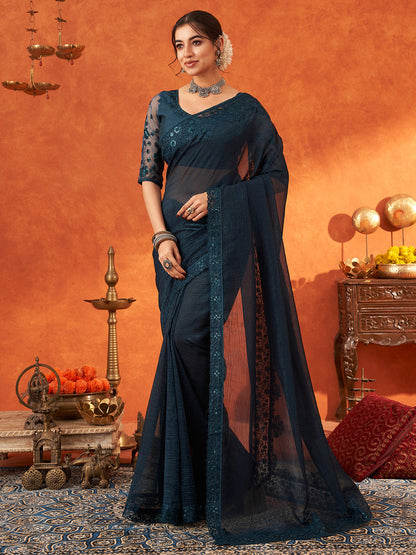 Women's Chiffon Teal blue Embellished Designer Saree With Blouse Piece