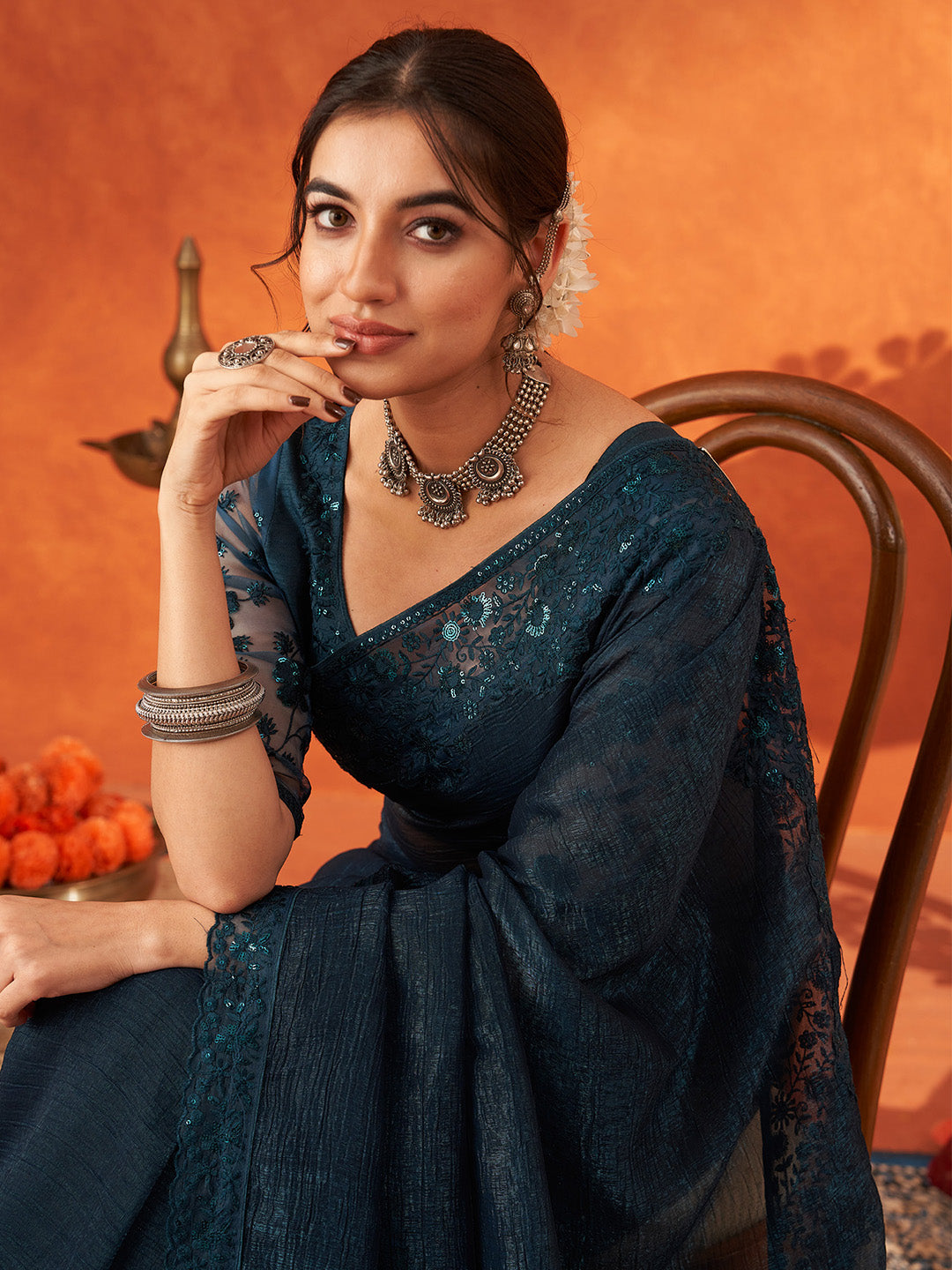 Women's Chiffon Teal blue Embellished Designer Saree With Blouse Piece