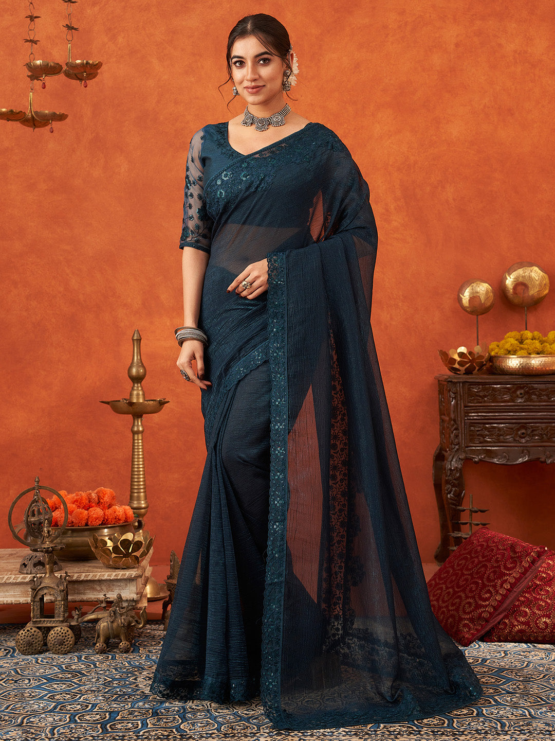 Women's Chiffon Teal blue Embellished Designer Saree With Blouse Piece