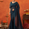 Women's Chiffon Teal blue Embellished Designer Saree With Blouse Piece