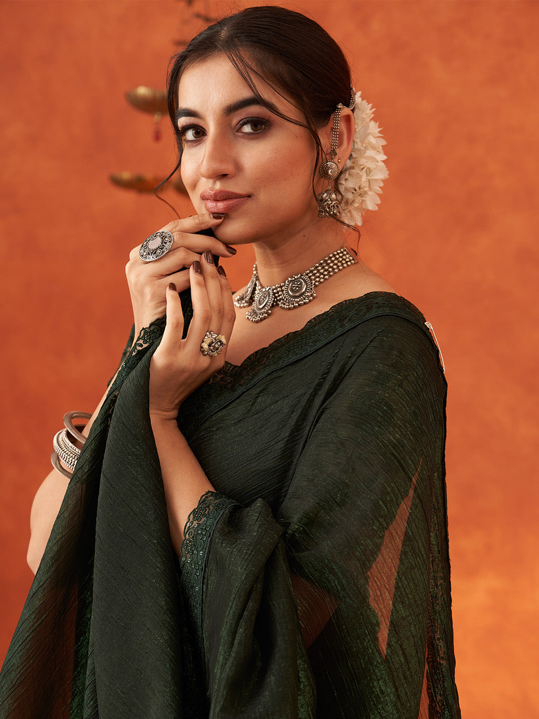 Women's Chiffon Green Embellished Designer Saree With Blouse Piece