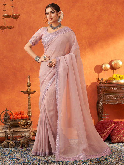 Women's Chiffon Mauve Embellished Designer Saree With Blouse Piece