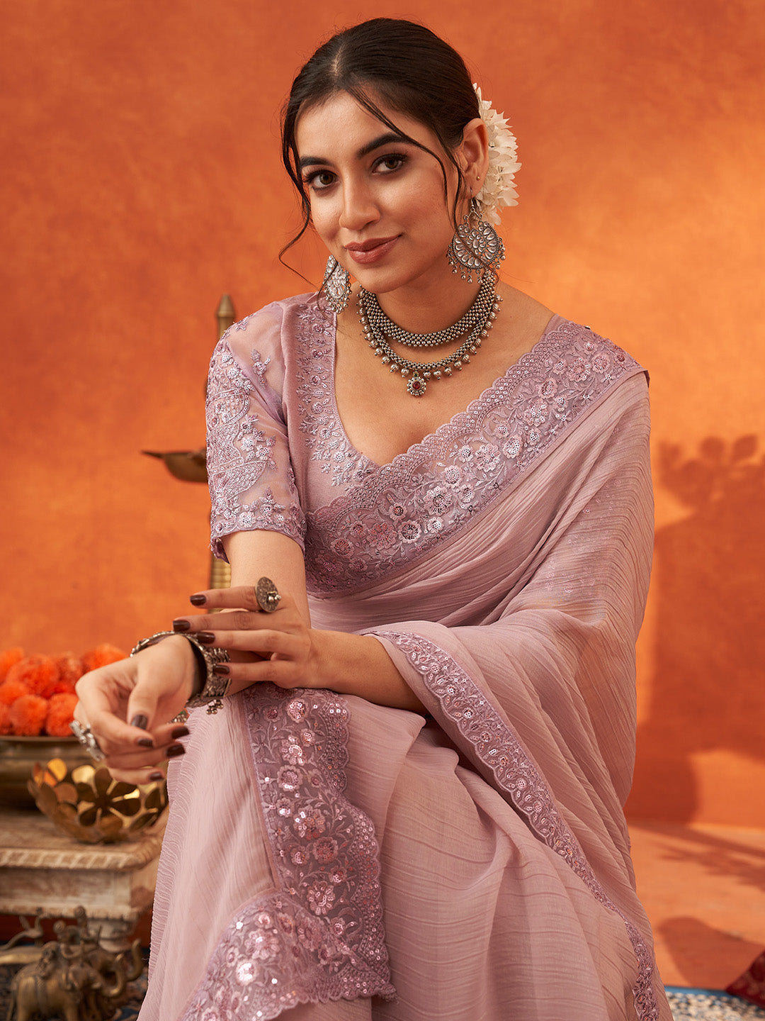 Women's Chiffon Mauve Embellished Designer Saree With Blouse Piece