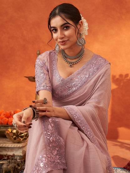 Women's Chiffon Mauve Embellished Designer Saree With Blouse Piece