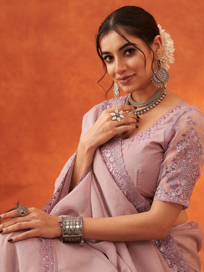 Women's Chiffon Mauve Embellished Designer Saree With Blouse Piece