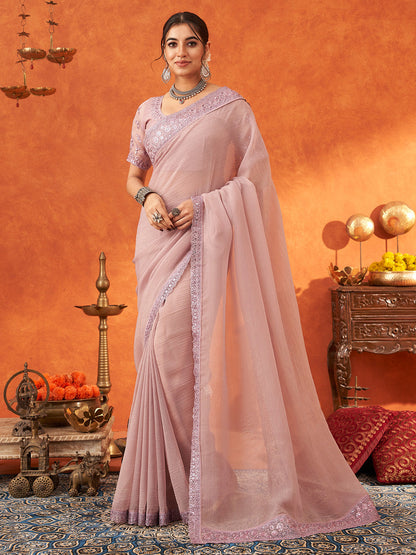 Women's Chiffon Mauve Embellished Designer Saree With Blouse Piece